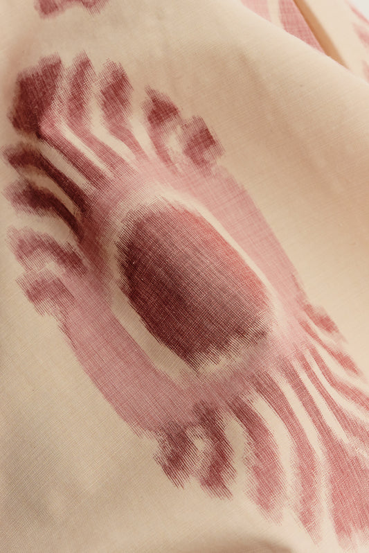 Men's long-sleeved shirt, cotton and recycled polyester blend, lightweight, slightly sheer, ikat-inspired print in off-white and burgundy.