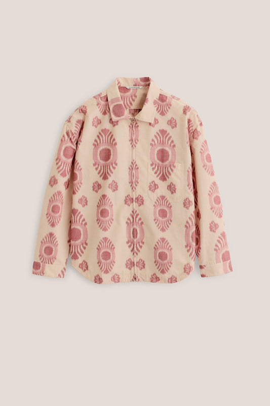 Men's long-sleeved shirt, cotton and recycled polyester blend, ikat pattern, light pink with red motif, two-way zipper.