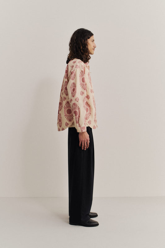 Men's long-sleeved shirt, cotton-recycled polyester blend, ikat-patterned, light beige with red motif.