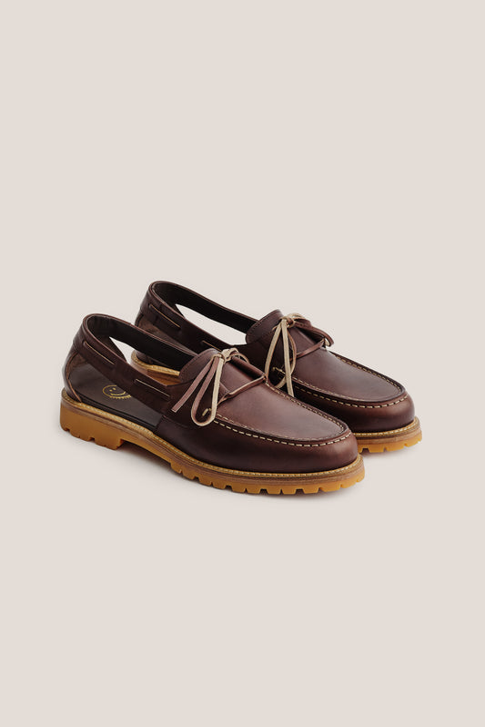 Men's accessories, Barolo Boat Sandal, premium Italian vegetal cowhide, dark brown, with lug sole and natural laces.