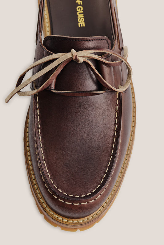 Men's accessories sandal, premium Italian vegetal cowhide, dark brown, boat-style slingback with leather laces.