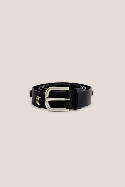 Men's accessories belt, black calf leather with vintage finish and silver-tone buckle.