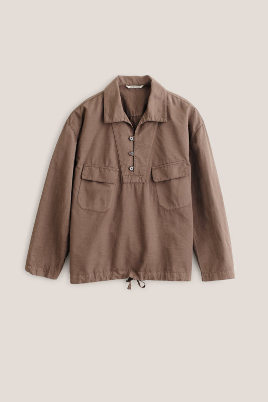 Men's long-sleeved shirt jacket, cotton-linen blend, garment dyed brown, with polo collar, button placket, patch pockets, and adjustable hem.