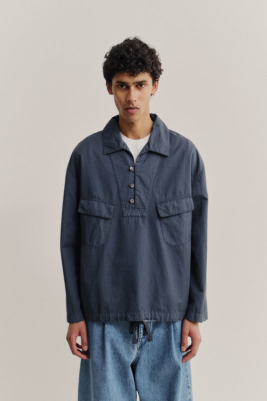 Men's long-sleeved shirt jacket, cotton-linen blend, garment dyed navy, with spread collar and patch pockets.