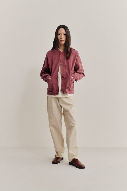 Men's outerwear, Jaspal Jacket, organic cotton, stone washed, faded red, boxy fit, patch pockets.