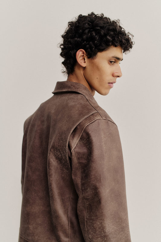 Men's outerwear, Nandi Leatherjacket, nubuck cow leather, vintage finish, brown.