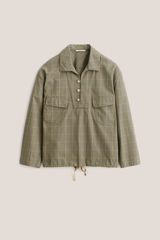 Men's long-sleeved shirt jacket, cotton houndstooth in navy, green, and yellow on beige, with patch pockets and drawstring hem.