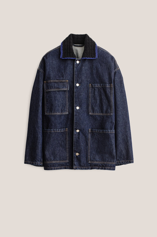 Men's outerwear, oversized vintage blue denim jacket with knitted collar and four patched pockets.