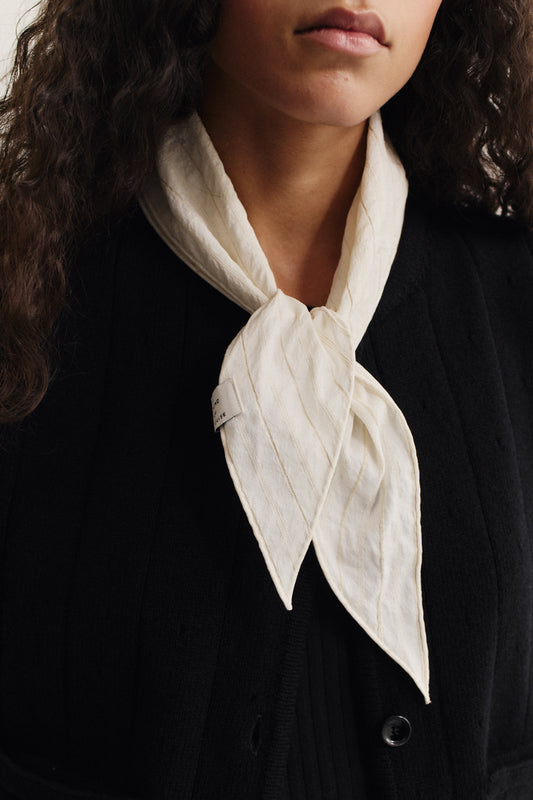 Women's accessories bandana, cotton-silk-linen blend, washed finish, off-white with subtle stripes.