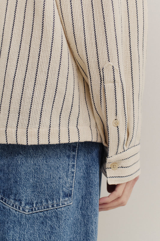 Men's long-sleeved shirt, off-white cotton blend with navy engineered stripes, wide fit, and buttoned cuffs.