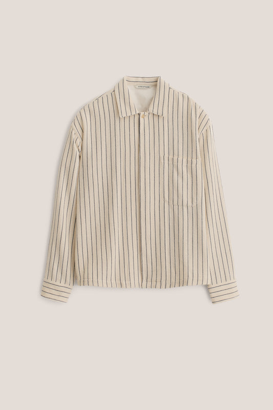 Men's long-sleeved shirt, cotton and recycled cotton blend, off-white with navy stripes, boxy fit.