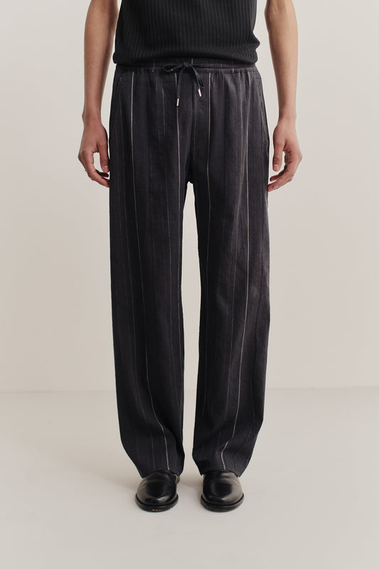 Men's long pants, cotton-linen blend, black with white stripes, wide straight fit, elasticated waist.