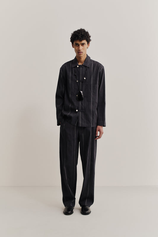 Men's long-pants, cotton and linen blend, black with white stripes, wide straight fit, elasticated waistband.