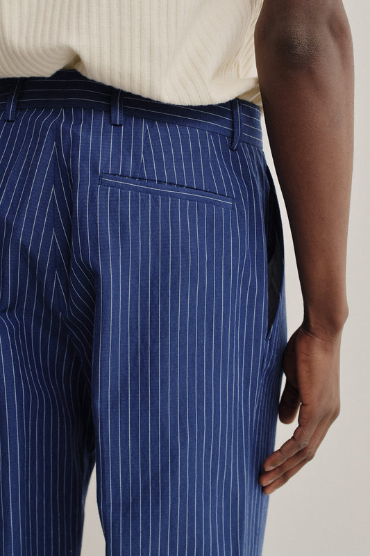Men's long-pants, cotton-linen seersucker, pinstriped navy, tailored wide-leg.