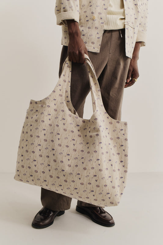 Women's accessories tote bag, cotton-linen blend twill, ecru with subtle floral print.