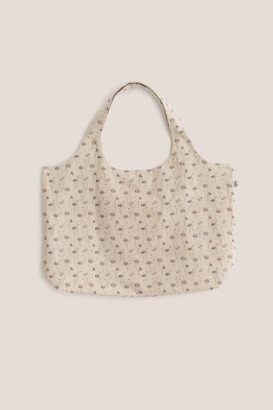 Women's accessories tote bag, cotton-linen blend twill, ecru with subtle lilac/brown floral print.