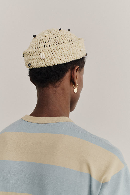 Men's jersey short-sleeved shirt, 100% organic cotton, yarn-dyed stripes in turquoise and sandy beige.