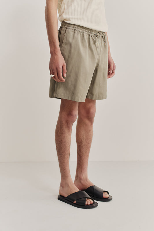 Men's shorts, lyocell-cotton-linen twill, sun-bleached sage, with adjustable drawstring waist and side pockets.