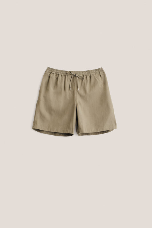 Men's shorts, lyocell-cotton-linen twill, sun-bleached sage, elastic waist with pull cords, side pockets.