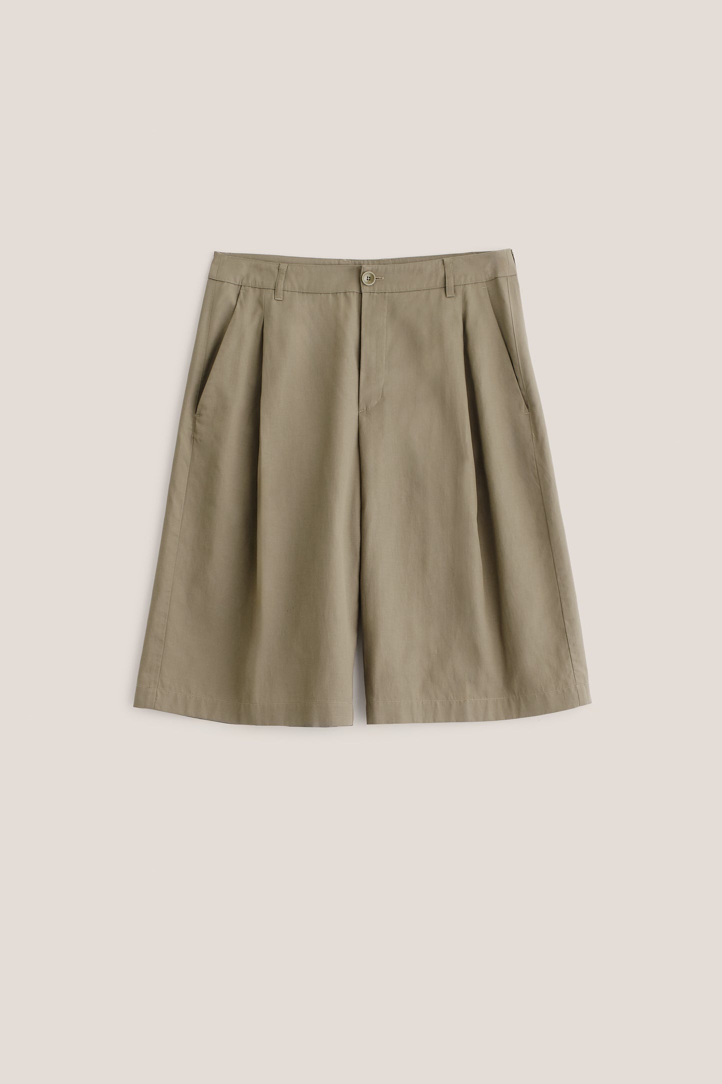 Men's shorts, lyocell-cotton-linen twill, sun-bleached sage, relaxed fit, wide leg, single pleat.