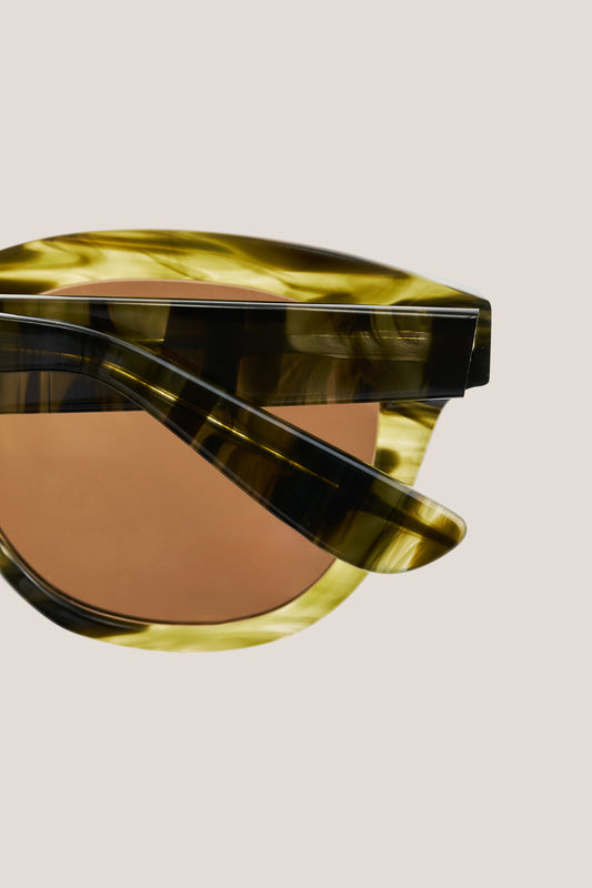 Unisex accessories sunglasses, handmade Italian acetate, olive green marbled frame, brown Carl Zeiss lenses.