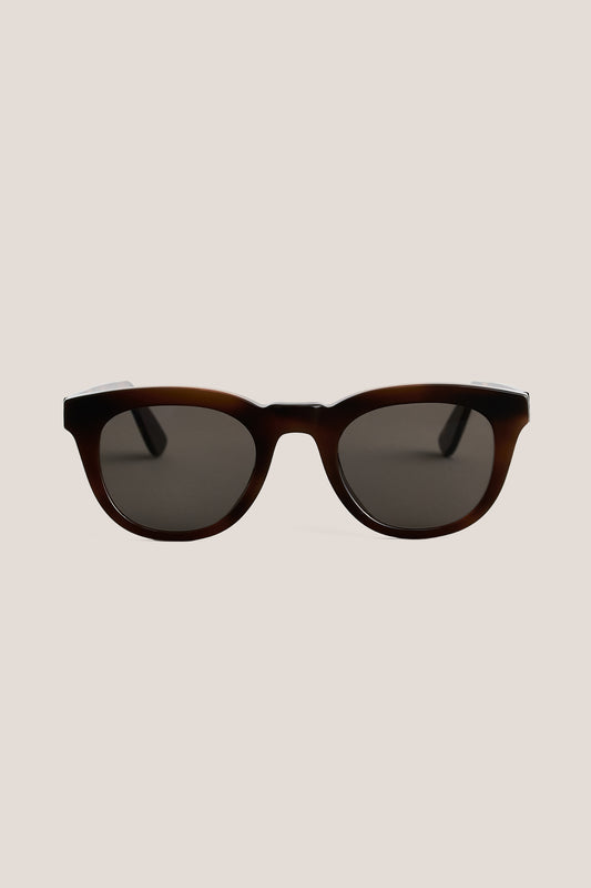 Unisex accessories sunglasses, handmade Italian acetate, dark brown round frame with keyhole, dark lenses.