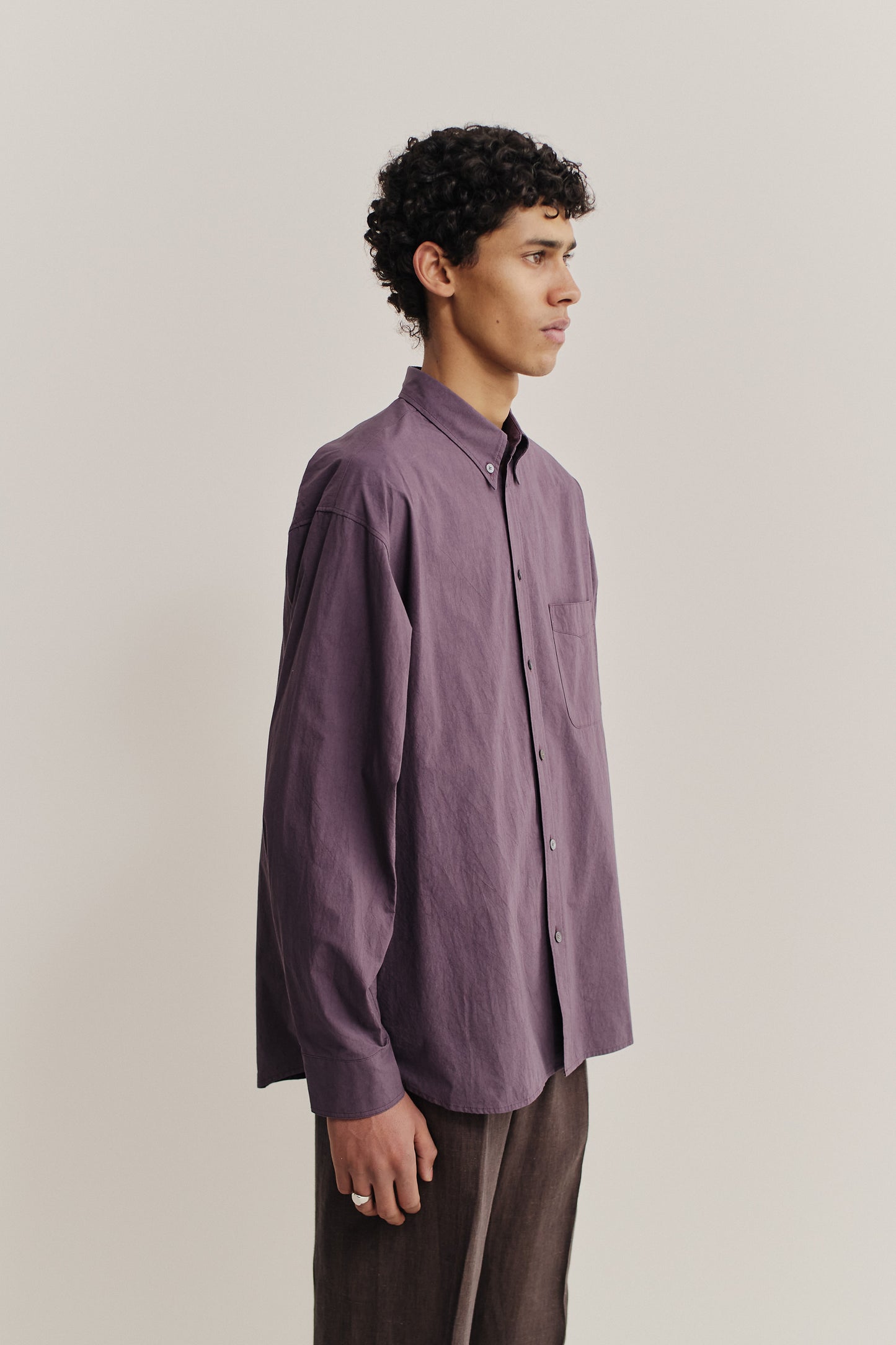 Men's long-sleeved shirt, cotton, purple, oversized Banita button-down with patch pocket.