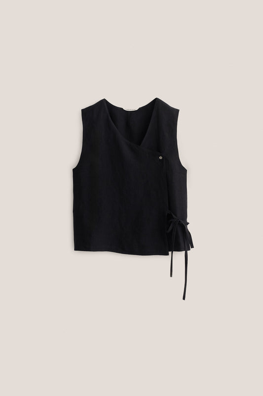 Women's sleeveless shirt, black 100% linen, asymmetric wrap front with V-neck, button, and side tie.