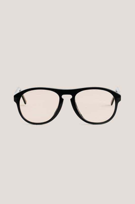 Unisex accessories sunglasses, black acetate aviator shape with rounded vintage-inspired edges and light lenses.