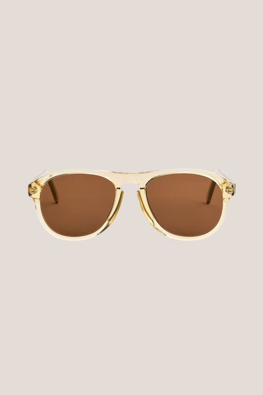 Unisex accessories sunglasses, handcrafted clear acetate aviator frames with brown Carl Zeiss lenses.