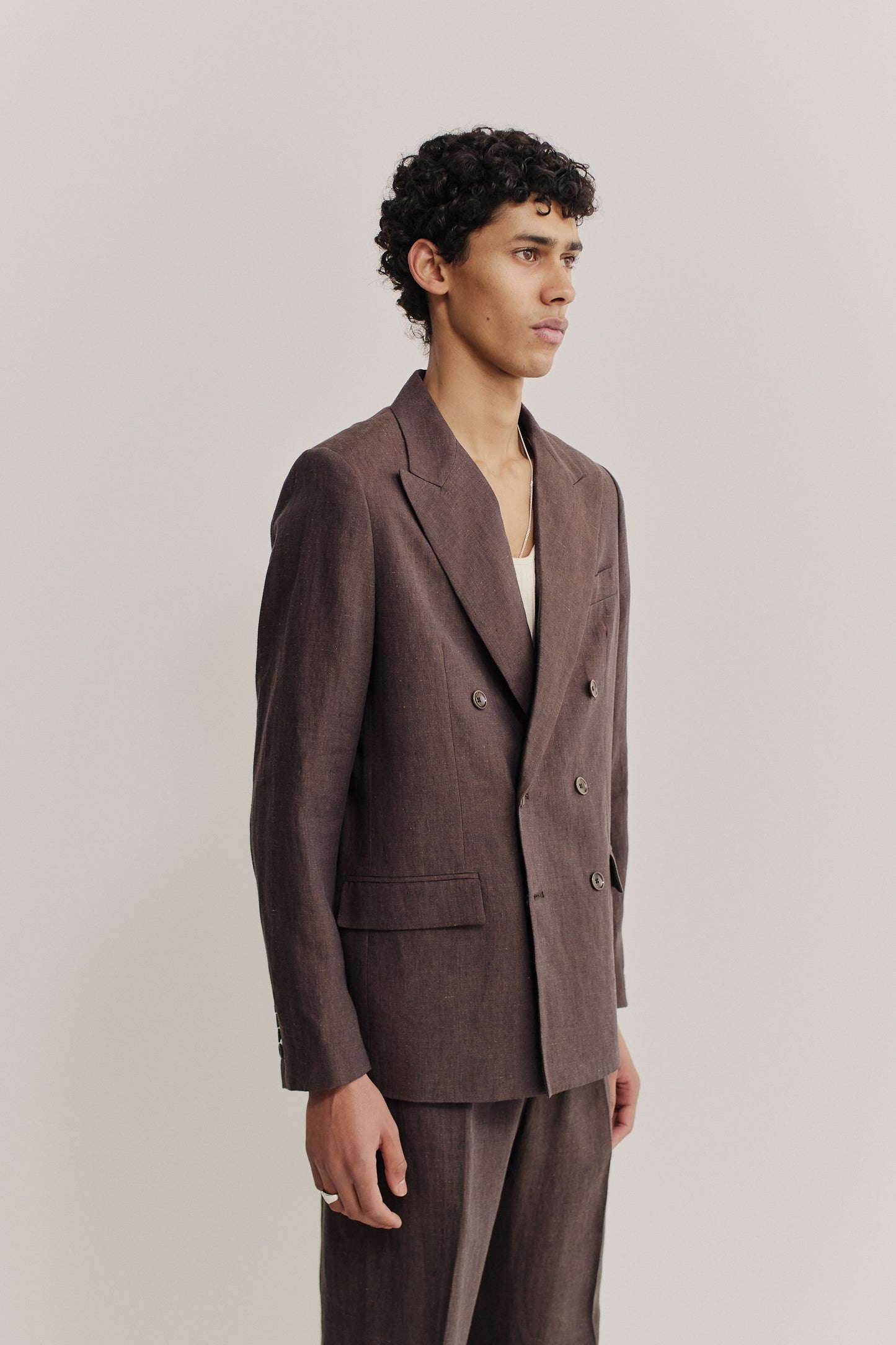 Men's tailoring, double-breasted peak blazer, 100% linen, brown.
