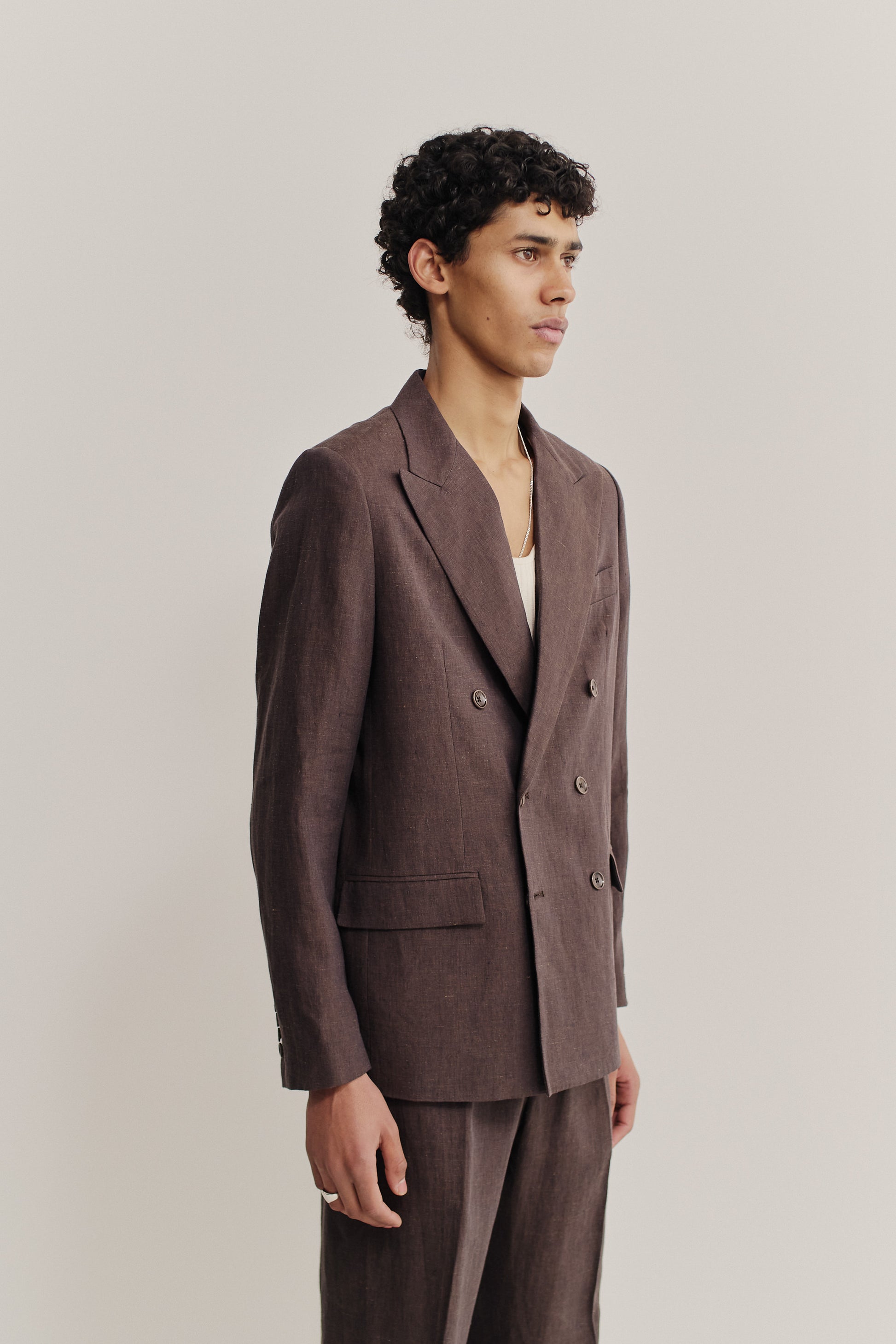 Men's tailoring, double-breasted peak blazer, 100% linen, brown.