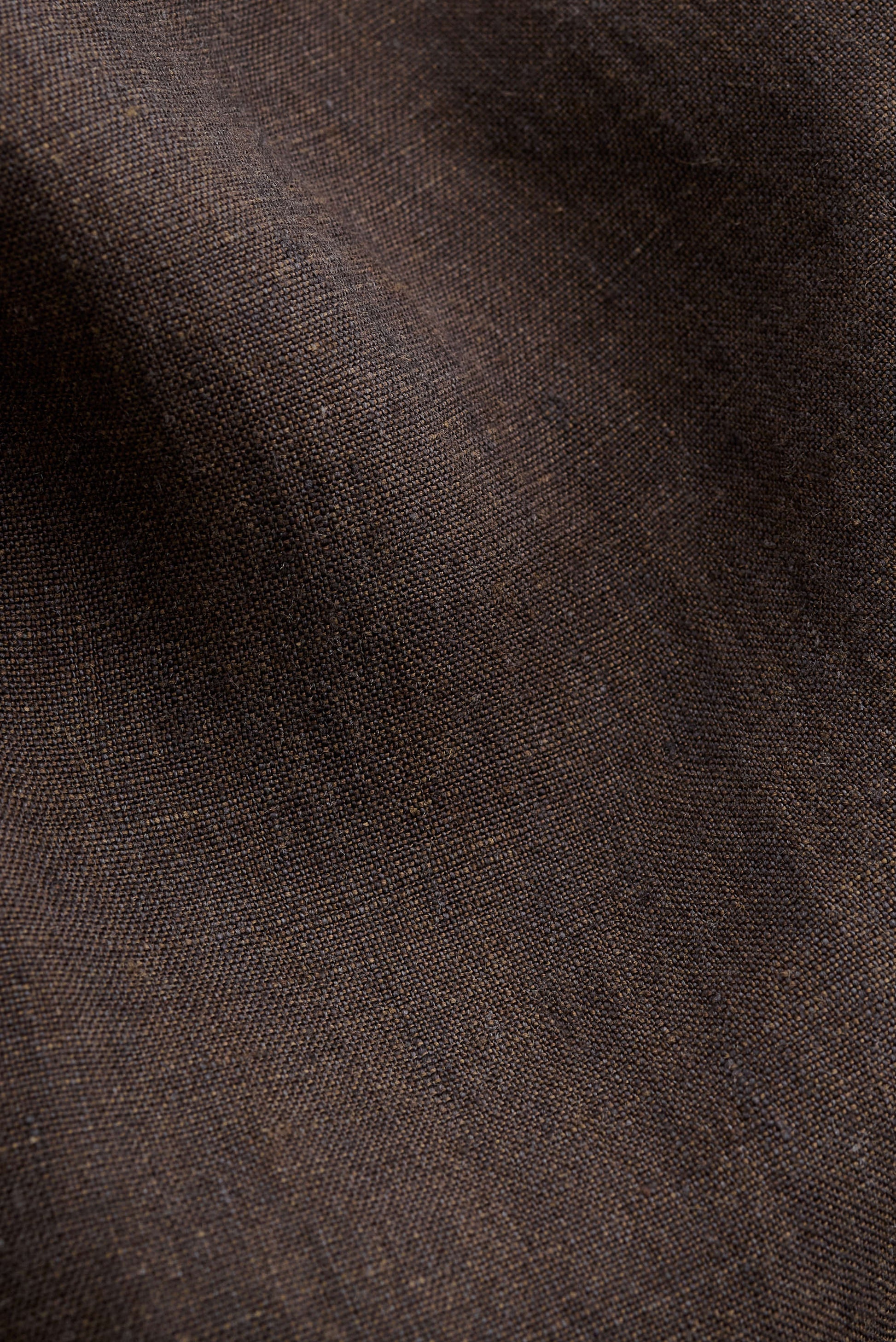 Men's tailoring, double-breasted peak blazer, 100% linen with natural slubs, dark brown.