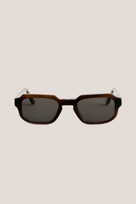 Unisex accessories sunglasses, thick acetate, dark brown, bold geometric rectangular shape, Carl Zeiss lenses.