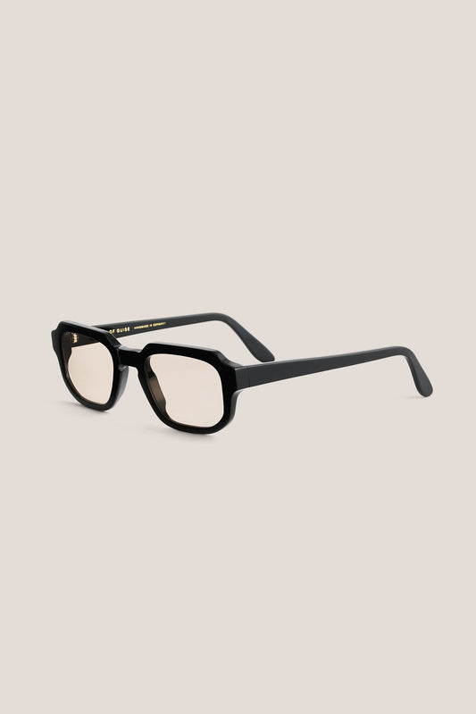 Unisex accessories sunglasses, black acetate frame with rectangular shape, rounded edges, and light lenses.