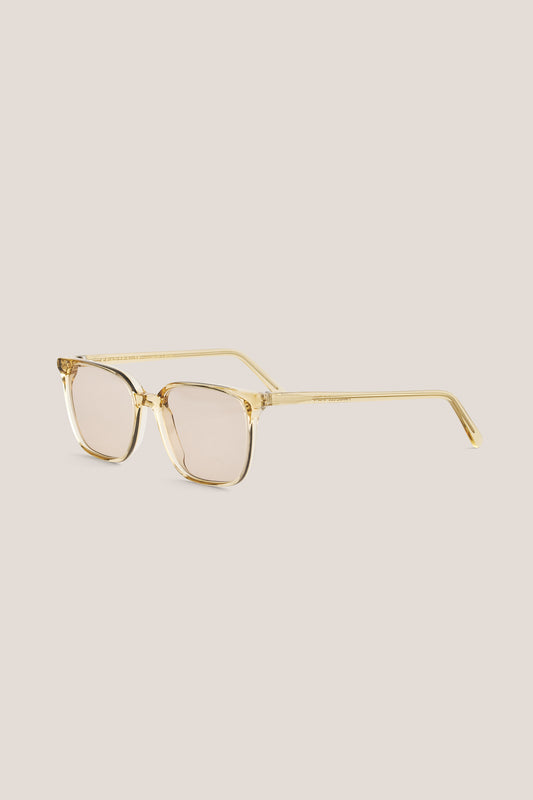 Unisex accessories sunglasses, transparent beige acetate frame, rectangular shape, light brown lenses.