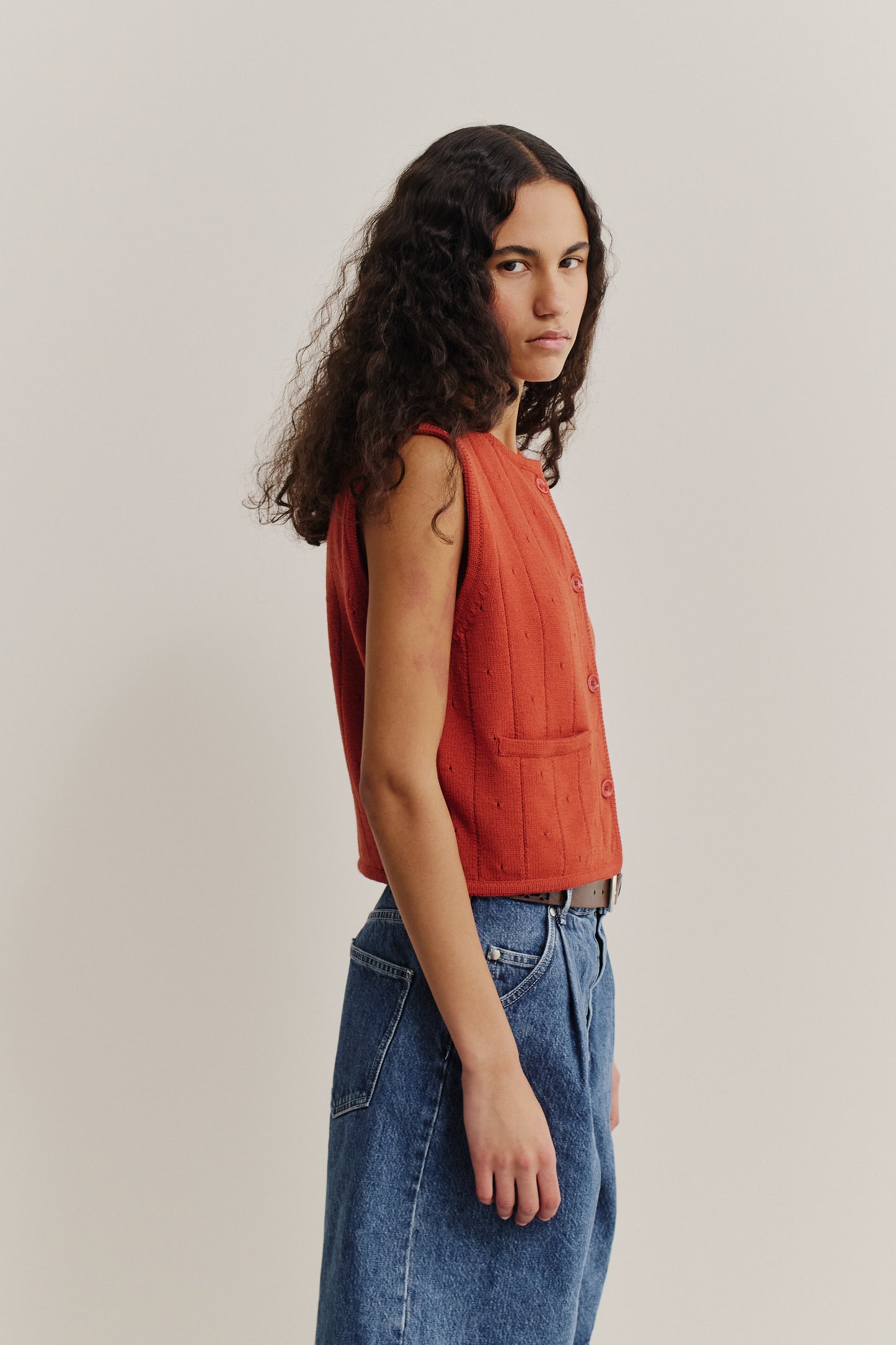 Women's knit vest, cropped merino wool, ajour knit, rib-knit trim, button-front, terracotta.