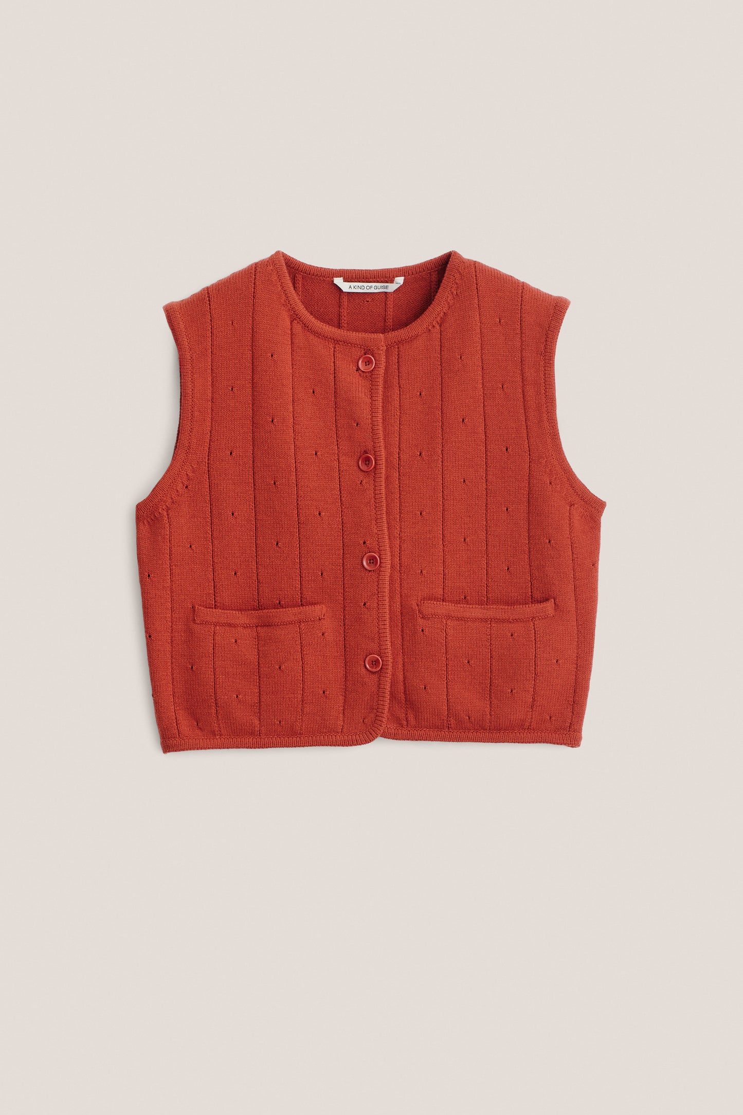 Women's knit vest, cropped merino wool, ajour pattern, rib-knit trim, terracotta.