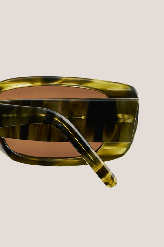 Unisex accessories sunglasses, ODESSA wide acetate frame in olive tortoise, with brown Carl Zeiss lenses.