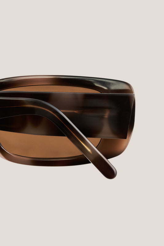 Unisex accessories sunglasses, wide and narrow acetate frame, tortoiseshell brown, with brown Carl Zeiss lenses.