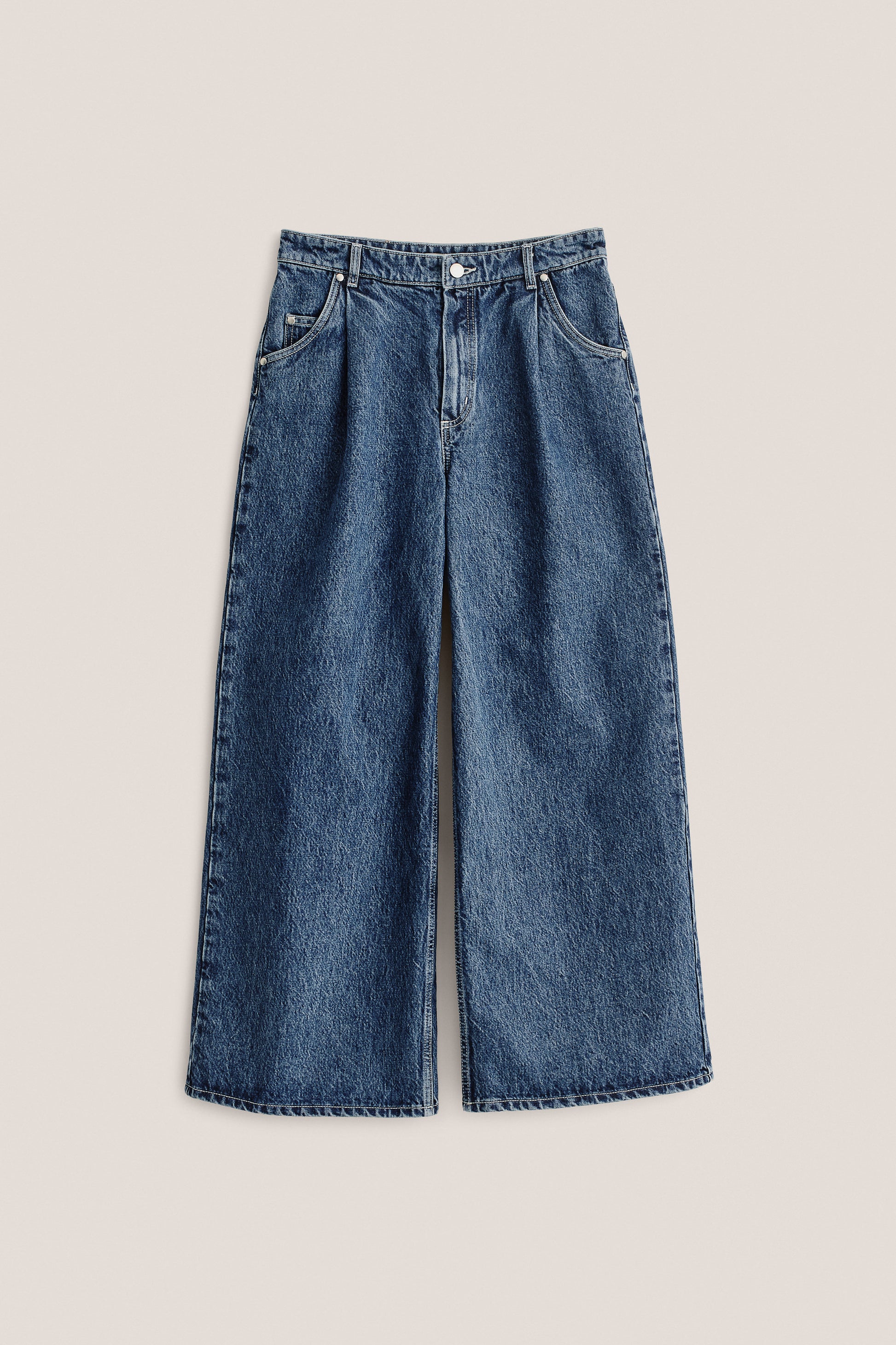 Women's long pants, Padma Pleated Denim, organic and recycled cotton mix, stone washed, blue, wide leg.