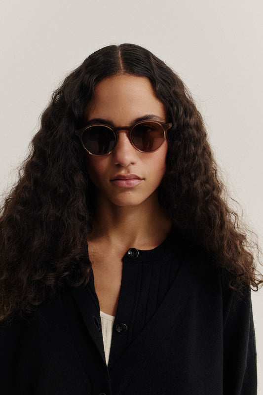 Women's accessories sunglasses, Palermo Grande, brown acetate frames with dark lenses.
