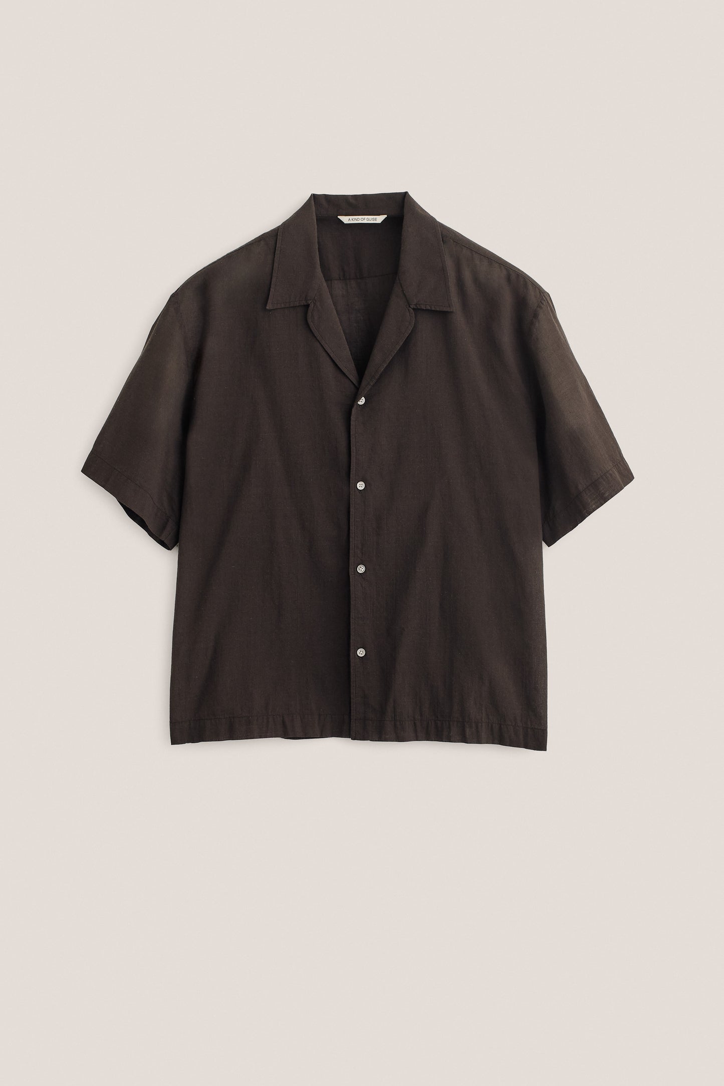 Men's short-sleeved shirt, cotton-silk mix, dark brown, relaxed fit with notched collar.