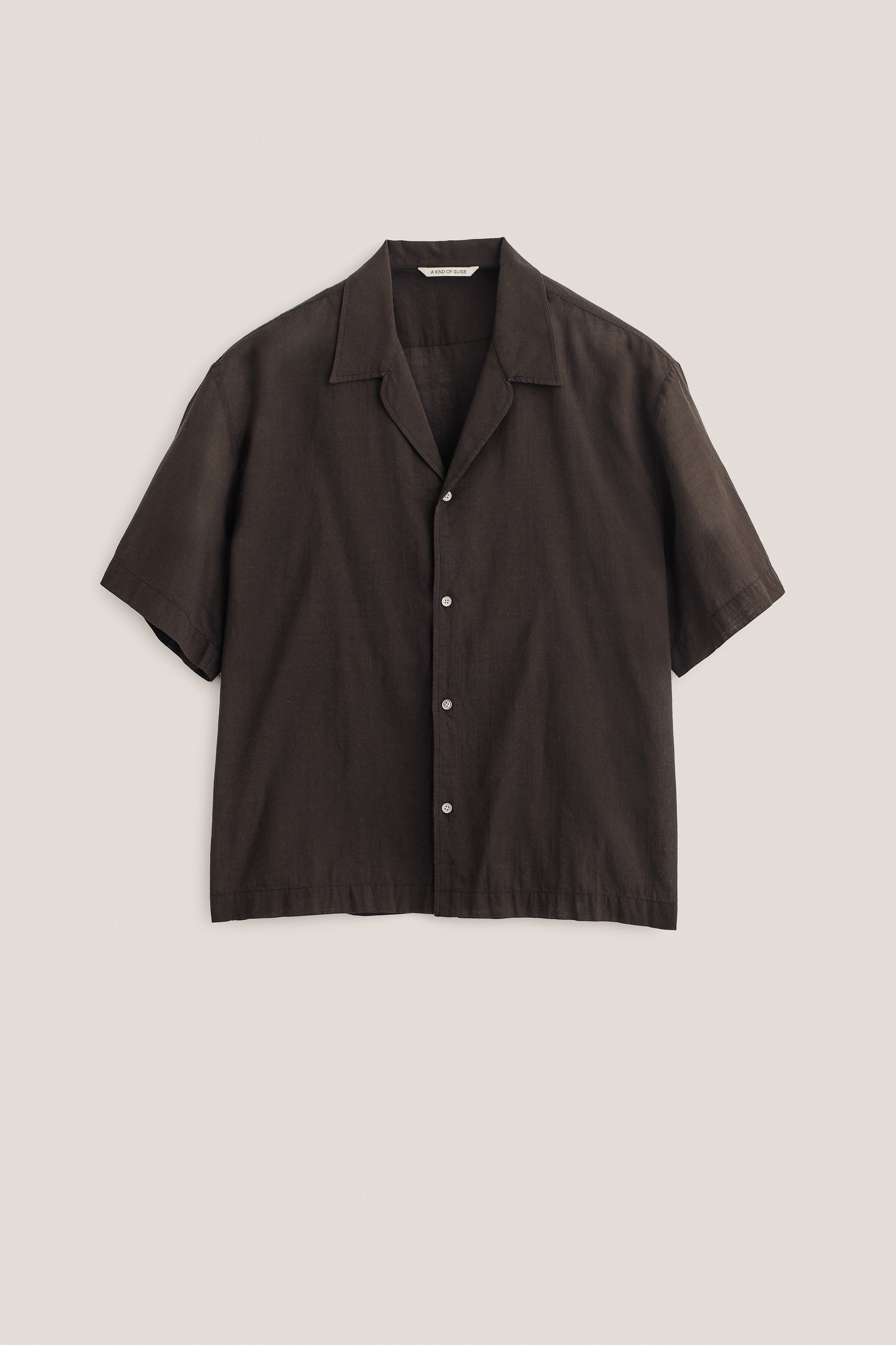 Men's short-sleeved shirt, cotton-silk mix, dark brown, relaxed fit with notched collar.
