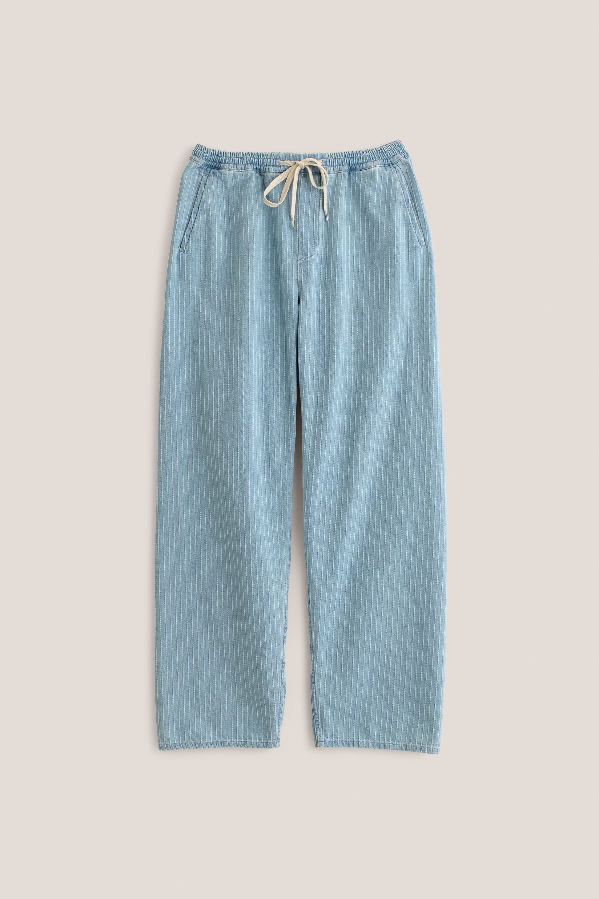 Men's pants, long-pants, organic cotton, washed light blue denim with white pinstripes, elastic waist, wide fit.
