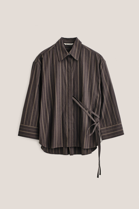 Women's long-sleeved shirt, wide-fit organic cotton, dark brown with beige stripes, side tie detail.