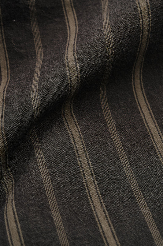 Men's long-sleeved shirt, 100% organic cotton, yarn-dyed dark base with beige and brown stripes.