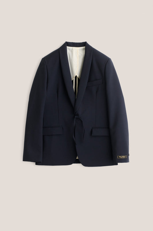 Men's tailoring blazer, 100% virgin wool, dark navy, with shawl collar, flap pockets, and kimono-inspired cord closure.