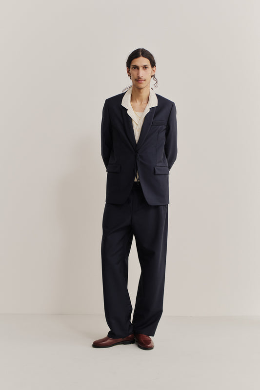 Men's tailoring, Shinji Blazer and trousers, virgin wool, dark navy, shawl collar, kimono cord closure.