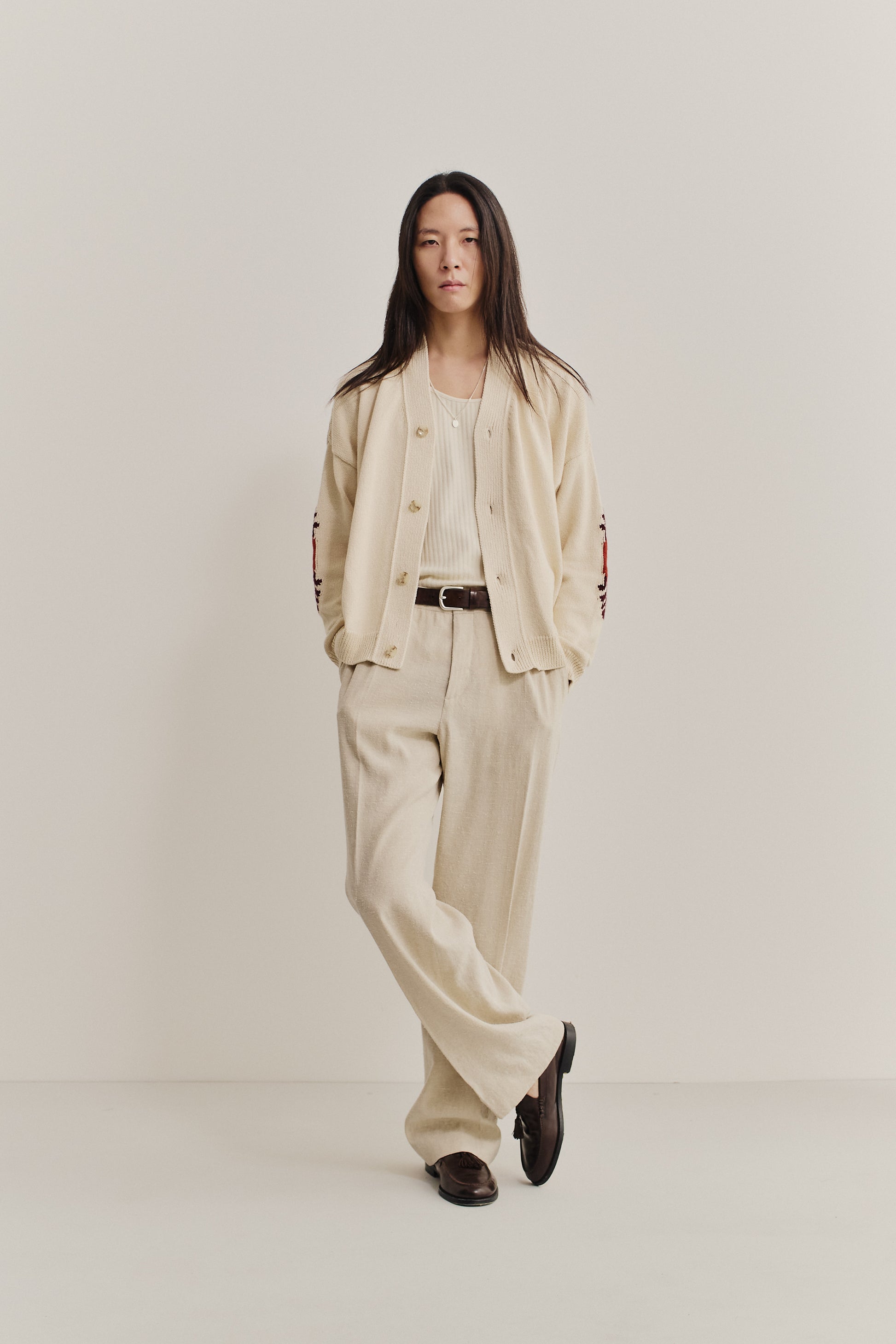 Men's long-pants, linen-silk blend, undyed, natural beige, wide-leg cut, pressed front pleat.